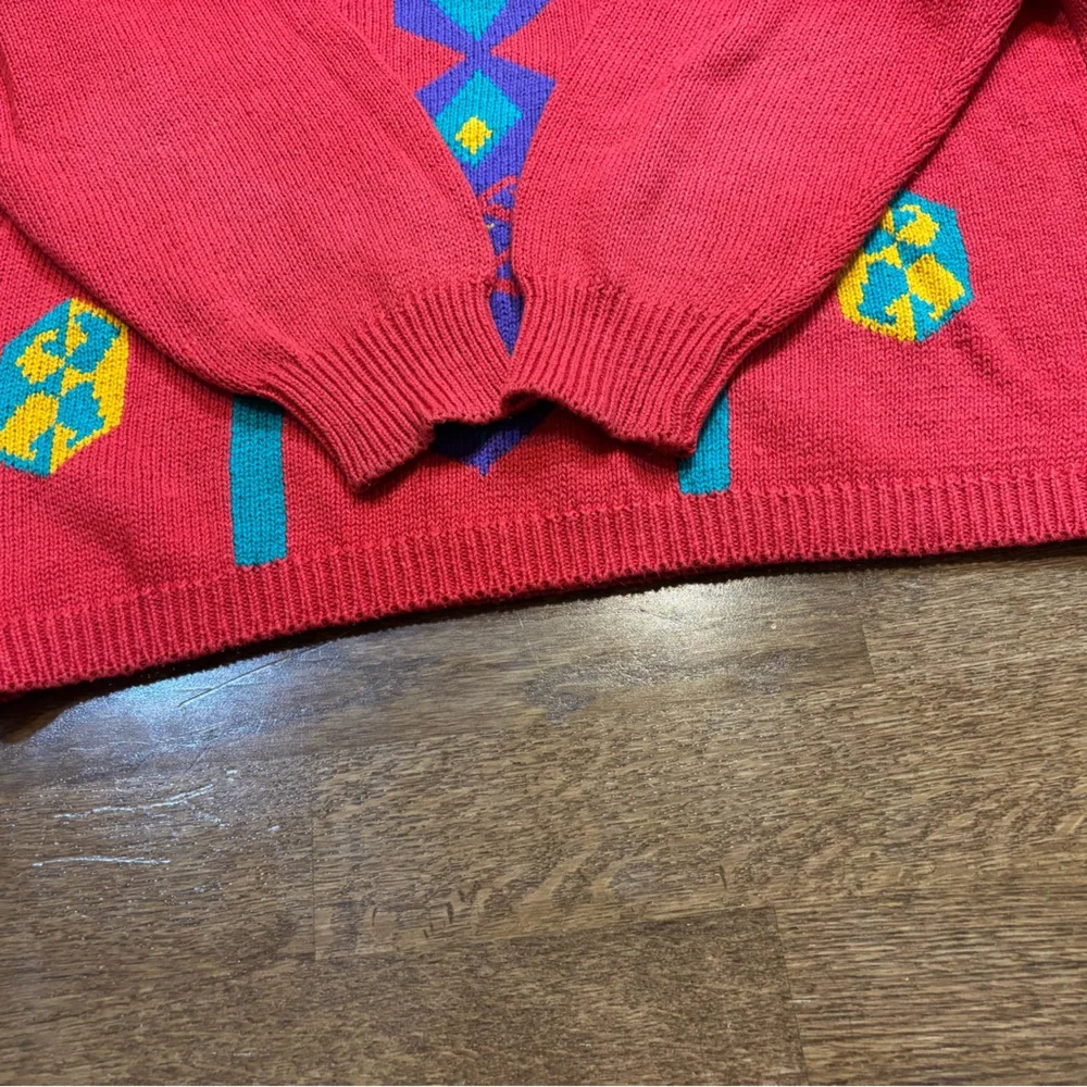 Vintage Red Geometric Knit Sweater | Oversized Retro Pattern | XL - Picture 5 of 11